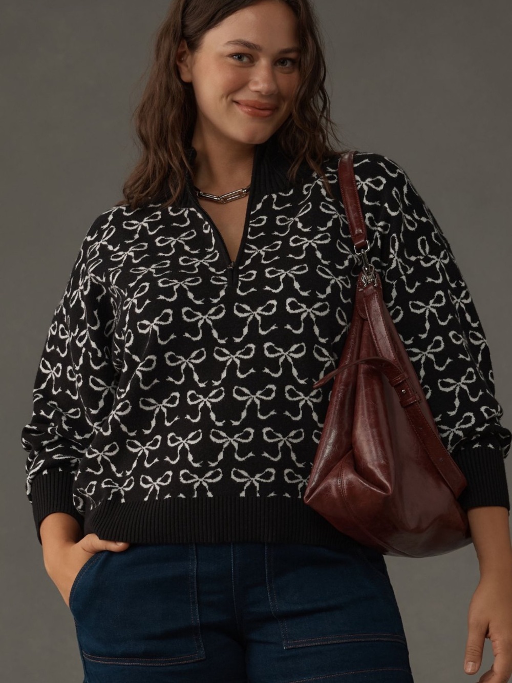 Maeve Montana Mock Neck Half Zip Bow Sweater Black White 3X Anthropologie